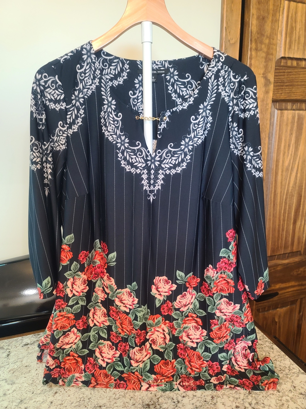 Zac & Rachel Black Tunic Top with Red and Pink Floral Border